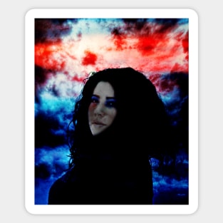Beautiful girl with dark clothing and hair on dark blue and red clouds background. Sticker